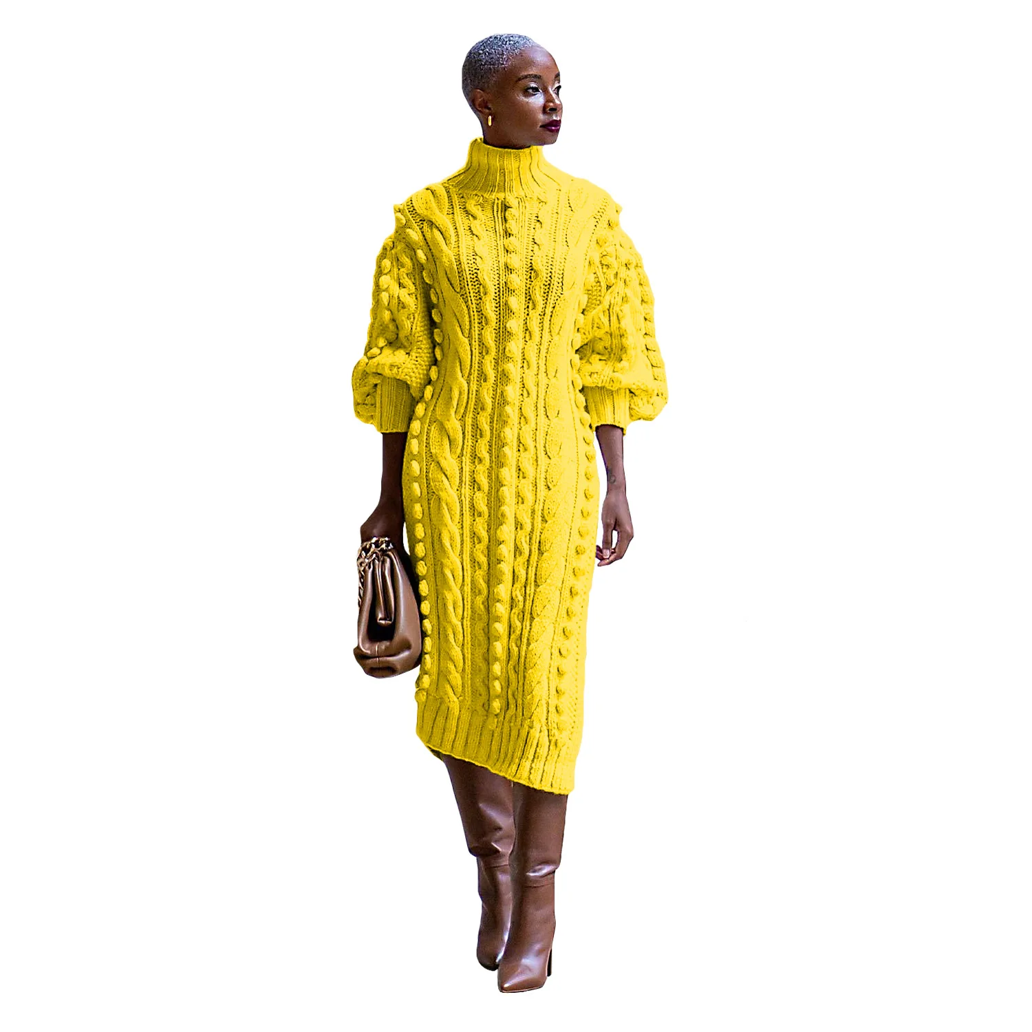 Turtleneck Knitted Jumpers Dress Long Sleeve Ankle Length Casual Dresses Loose Fit Spliced Vestidos Straight Solid Pullover - Image 6