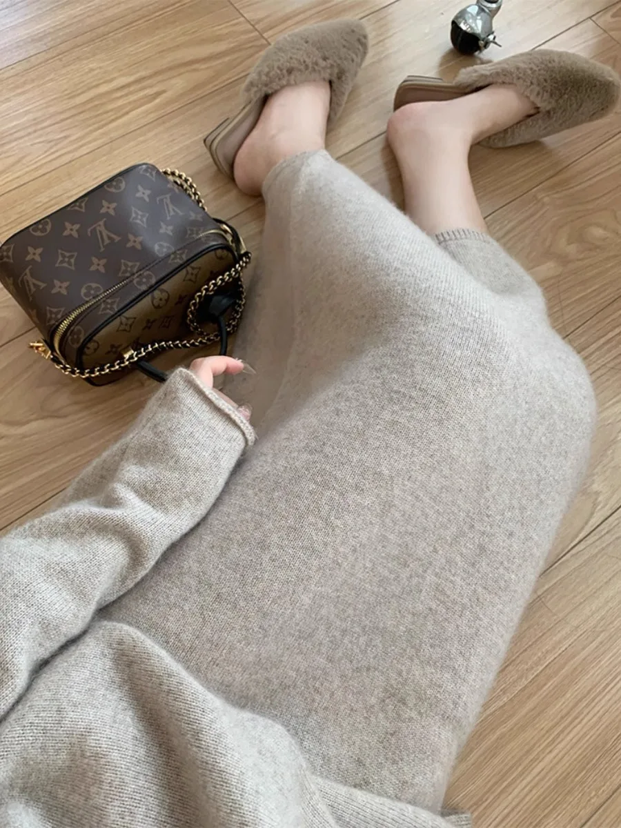 Soft Waxy Autumn and Winter Skirt Straight Skirt Versatile and Thin Knitted Skirt Medium and Long H Skirt Casual Skirt Women