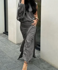 SIsterlinda Unique Irregular Women 2 Piece Set Solid Swinging Pleated Single Full Sleeve Turtleneck Tops+Matching Split Skirts - Image 3