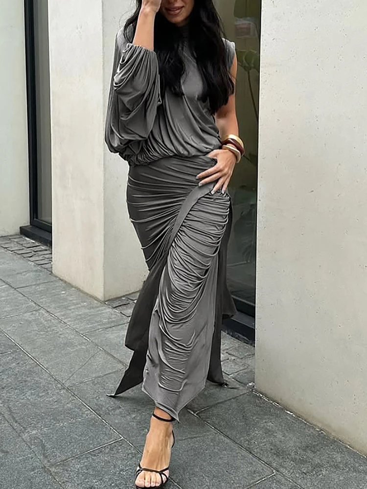 SIsterlinda Unique Irregular Women 2 Piece Set Solid Swinging Pleated Single Full Sleeve Turtleneck Tops+Matching Split Skirts - Image 3