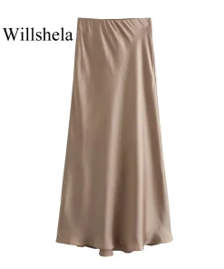 Willshela 2024 Black Satin Skirt Woman High Waist Elegant Long Skirts For Women Fashion Summer Midi Skirt Office Women's Skirts - Image 4