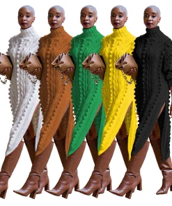 Alternative view of Turtleneck Knitted Jumpers Dress Long Sleeve Ankle Length Casual Dresses Loose Fit Spliced Vestidos Straight Solid Pullover