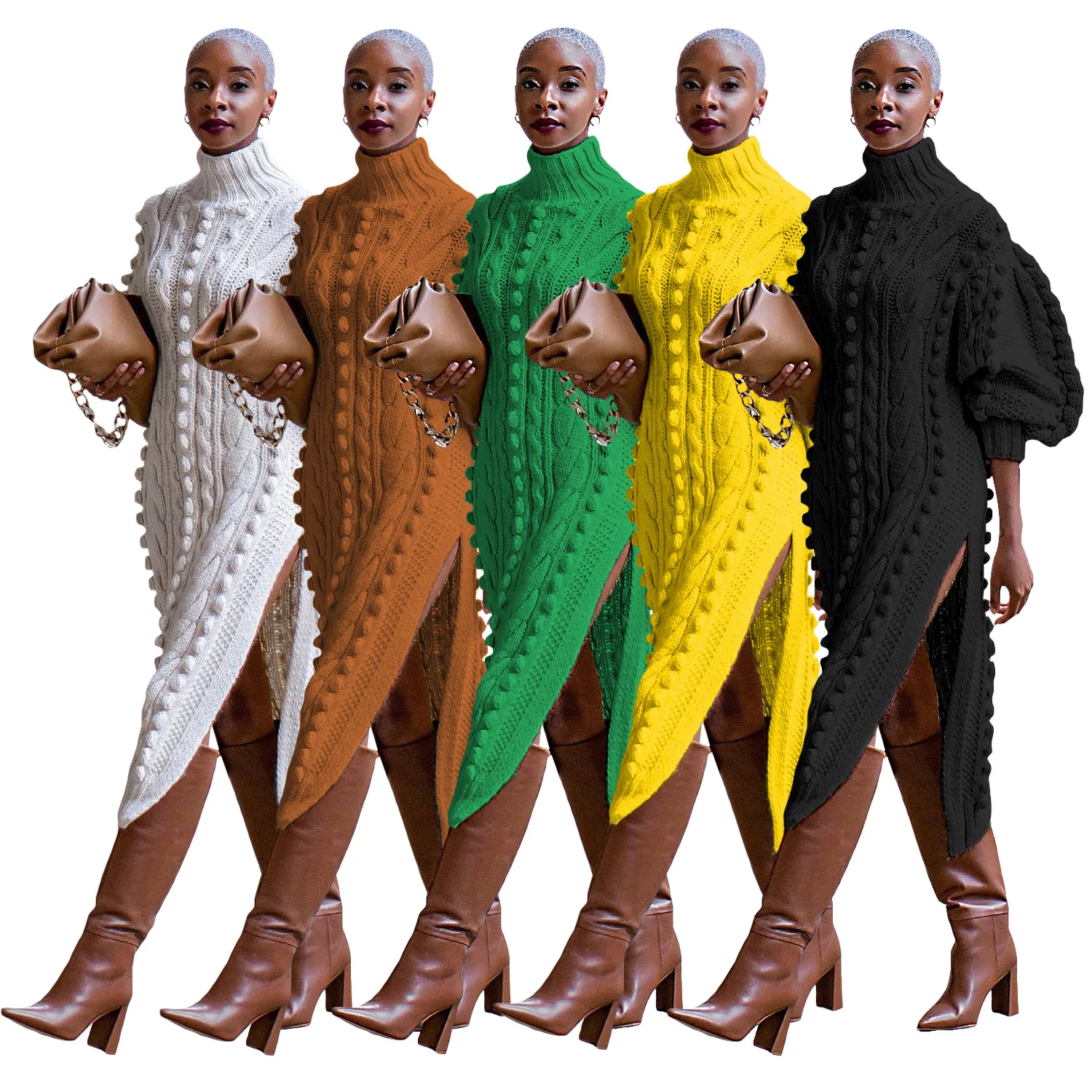 Turtleneck Knitted Jumpers Dress Long Sleeve Ankle Length Casual Dresses Loose Fit Spliced Vestidos Straight Solid Pullover - Image 2