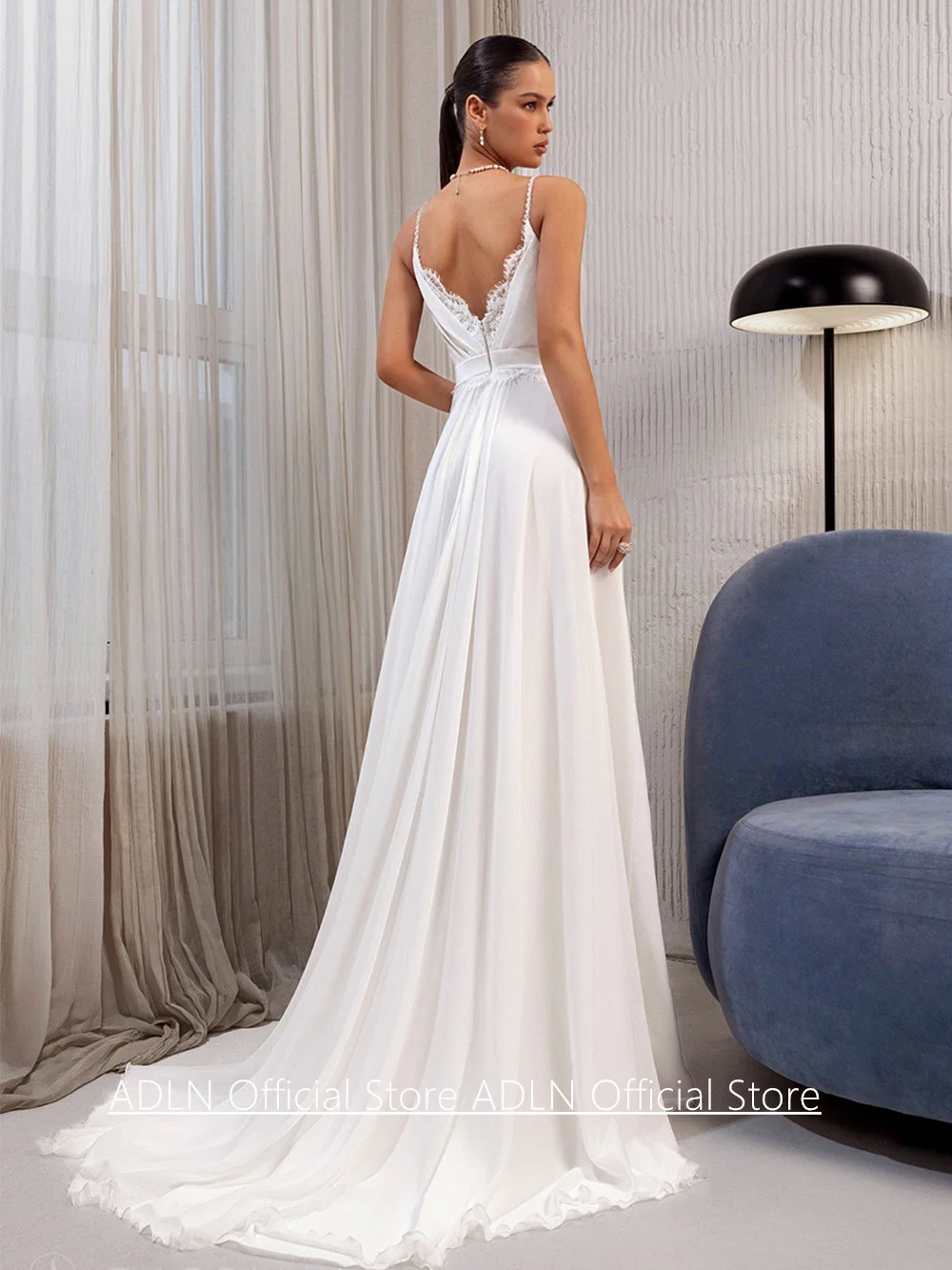 Summer Wedding Dress Customized Spaghetti Straps V Neck Pleat Lace Sweep Train A Line Chiffon Bridal Gown Beach Bride Dresses - Image 2