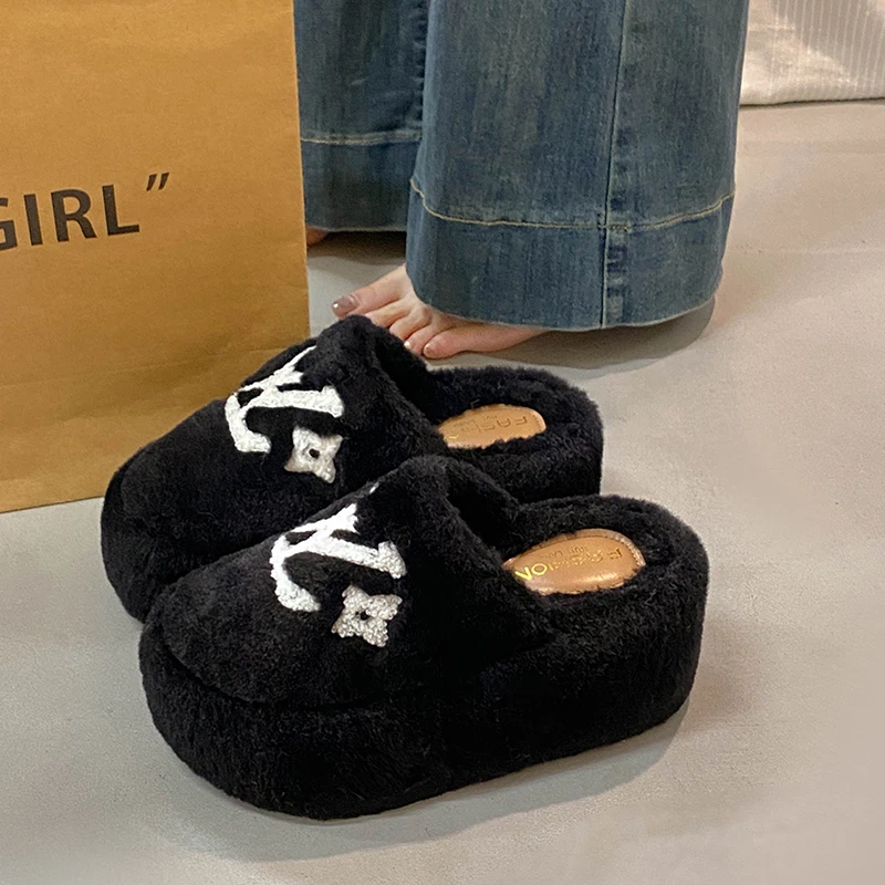 2025 Autumn & Winter New Platform Thick-Soled Mule Furry Slippers - High-Heel, Warm Cotton Slippers for Indoor & Outdoor Wear - Image 5