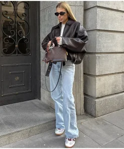 Alternative view of Vintage PU Leather Bomber Jackets 2025 Autumn New Ladies Zipper Lapel Long Sleeve Pocket Coat With Belt Women's Loose Streetwear