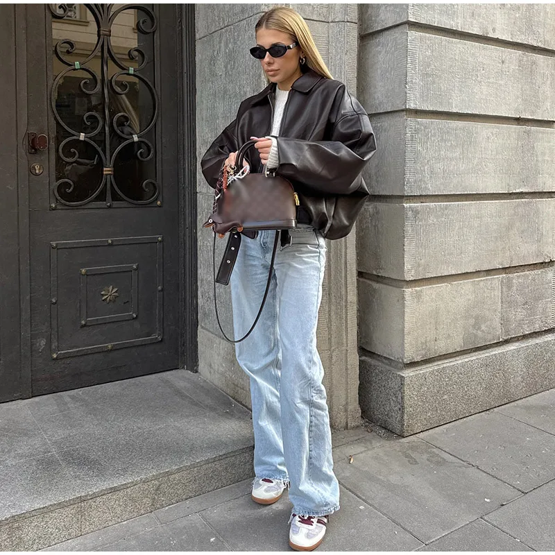 Vintage PU Leather Bomber Jackets 2025 Autumn New Ladies Zipper Lapel Long Sleeve Pocket Coat With Belt Women's Loose Streetwear - Image 2