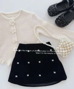 Childrens Skirt Spring and Autumn New Korean Fashion Pearl Velvet Simple Elegant Skirt Kids Clothes Girls - Image 3