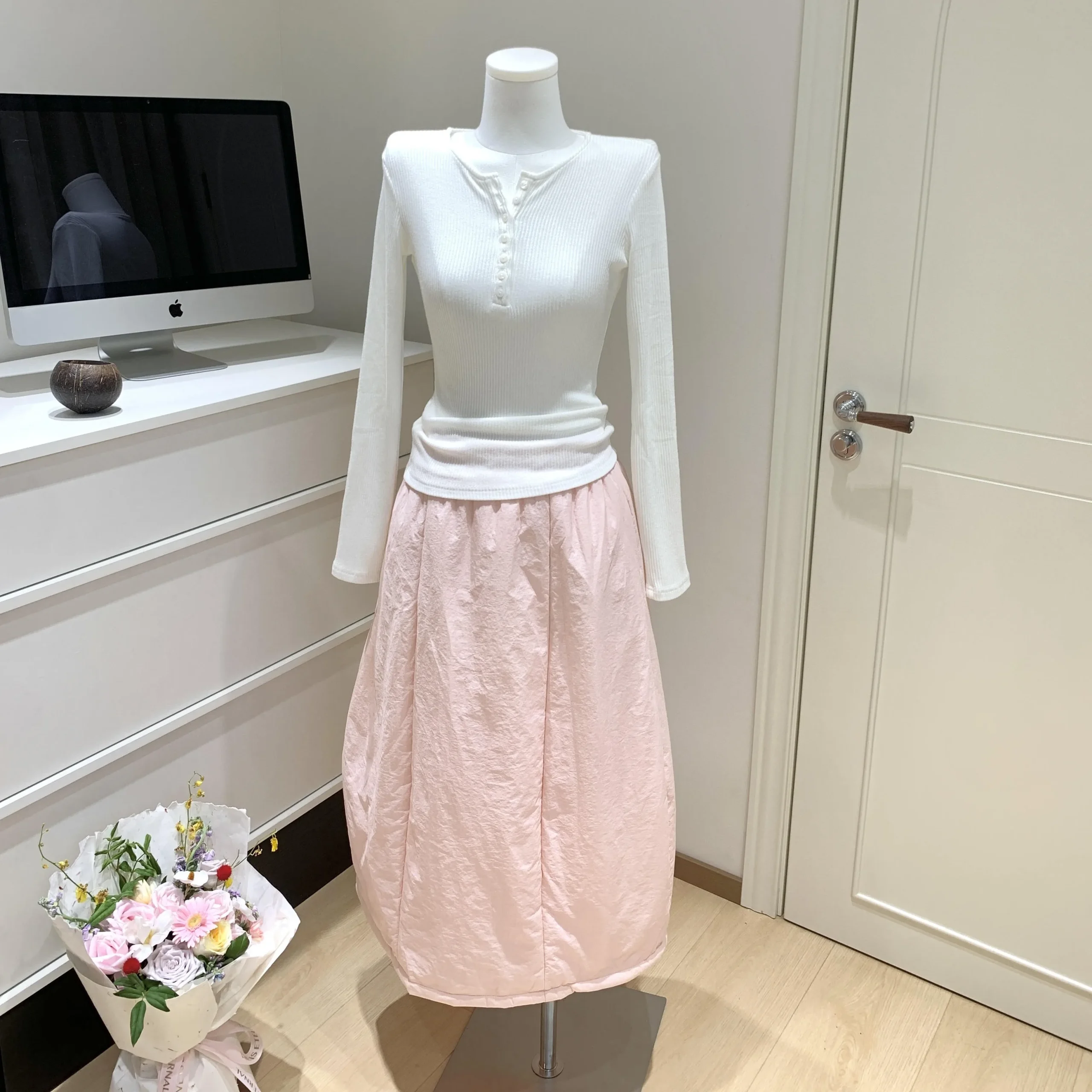 Women's Autumn Winter Casual Two Pieces Cotton Padded Skirt Set Lady Streetwear Lovely Quilted Long Sleeve Jacket+ Long Skirt - Image 3